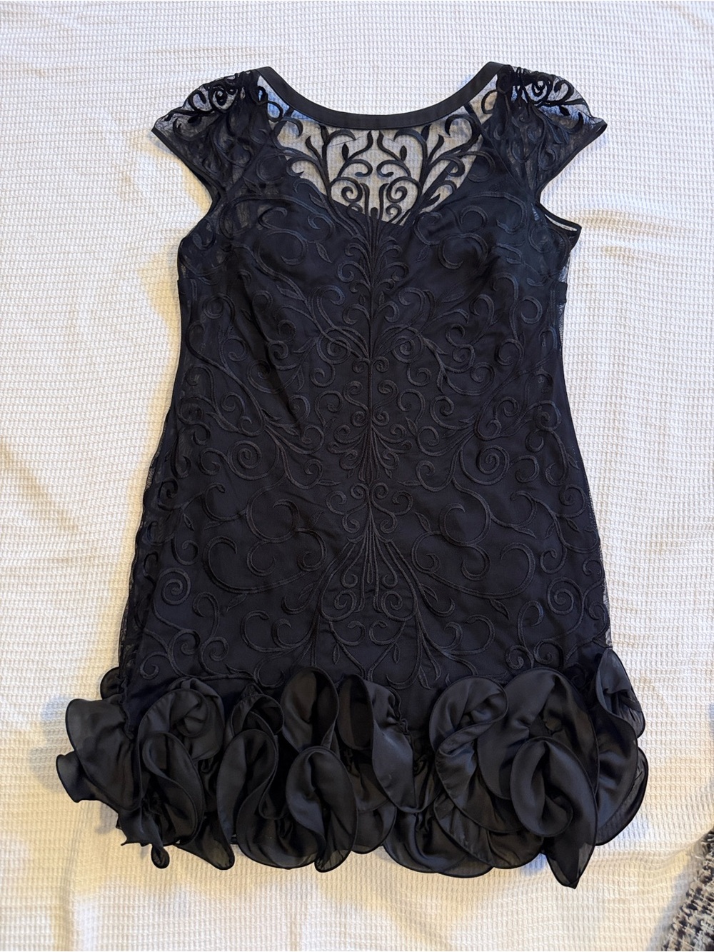 Jessica Simpson Black Embroidered Mini Dress with Rosette Hem, worn once